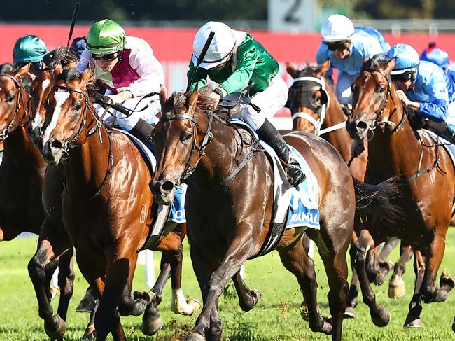 SYDNEY, AUSTRALIA - APRIL 06: XXX riding Manaal wins Race 6 Inglis Sires during Sydney Racing at Royal Randwick Racecourse on April 06, 2024 in Sydney, Australia. (Photo by Jeremy Ng/Getty Images)