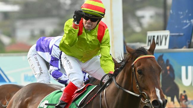 Jockey Dean Yendall celebrates winning last year’s Wangoom Handicap on Outlaws Revenge. Picture: Getty Images.