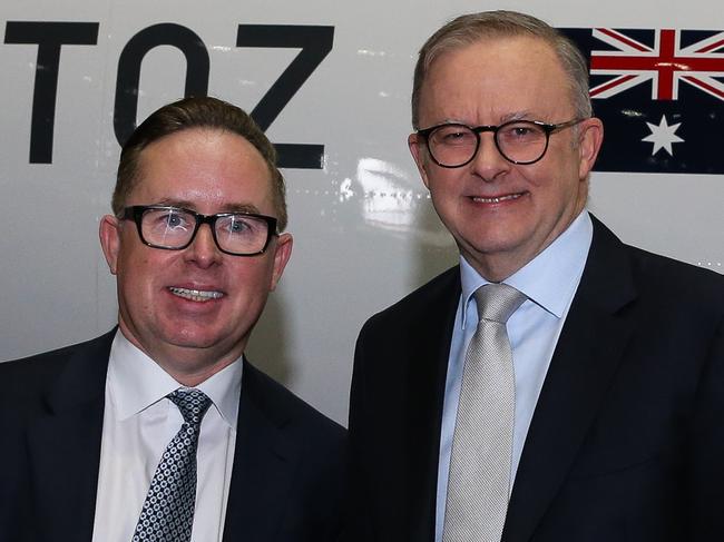 SYDNEY, AUSTRALIA  - AUGUST 14 2023: Prime Minister, Anthony Albanese and Qantas CEO Alan Joyce attend the launch of the Qantas 'Yes' Campaign at Qantas Hangar 96 in Sydney, where The Prime Minister will deliver a speech. Picture: NCA Newswire / Gaye Gerard