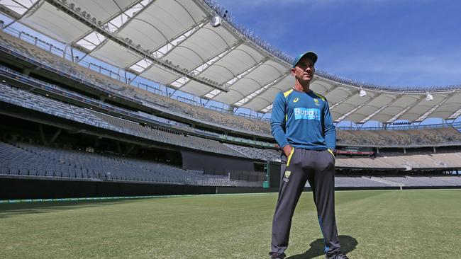 Australian coach and cricket legend Justin Langer in front of the stand named after him at the new Perth oval. Picture: Daniel Wilkins