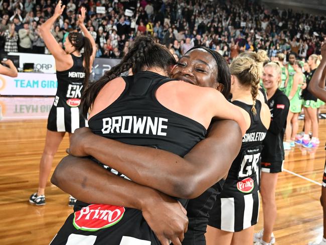 Shimona Nelson and Kelsey Browne celebrate Collingwood’s last-round win over West Coast Fever.