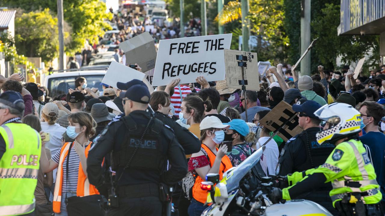 Protesters gather to support asylum seekers detained at the Kangaroo Point Central Hotel in Brisbane in June. Picture: Glenn Hunt/AAP