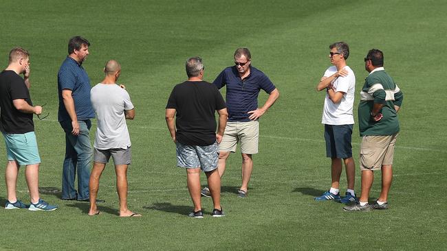 Graham Annesley head of football operations together with Nathan McGuirk and Roosters and Souths Representatives inspect the Sydney Cricket Ground after the Waratahs game. Picture: Brett Costello