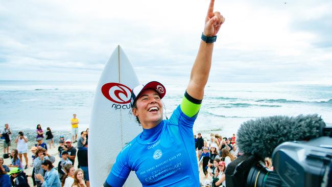 Tyler Wright of Australia (pictured) celebrating her victory at the Drug Aware Margaret River Pro on Friday April 15, 2016. PHOTO: © WSL/ Sloane SOCIAL: @edsloanephoto @wsl This image is the copyright of the World Surf League and is provided royalty free for editorial use only, in all media now known or hereafter created. No commercial rights granted. Sale or license of the images is prohibited. This image is a factually accurate rendering of what it depicts and has not been modified or augmented except for standard cropping and toning. ALL RIGHTS RESERVED. placing runner up at the Drug Aware Margaret River Pro in Western Australia.