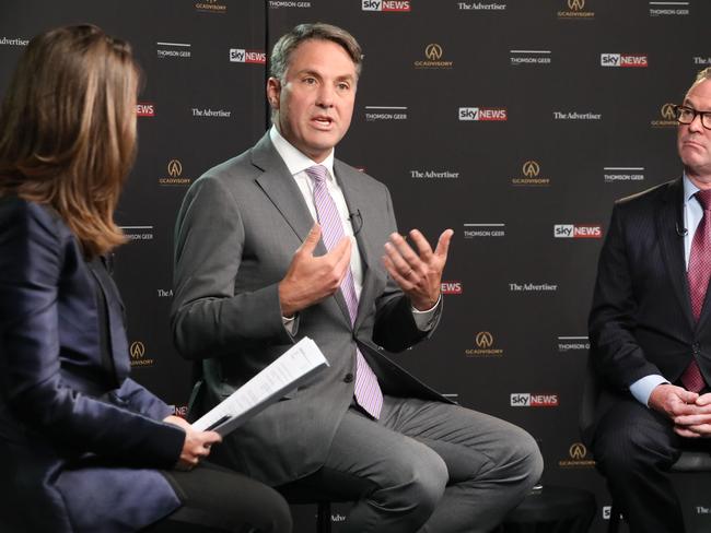 Minister for Defence, Christopher Pyne, is debating Labor's Richard Marles, with Moderator, Laura Jayes, at Legal firm Thomson Geer in Adelaide. 8 March 2019. (AAP Image/Dean Martin)