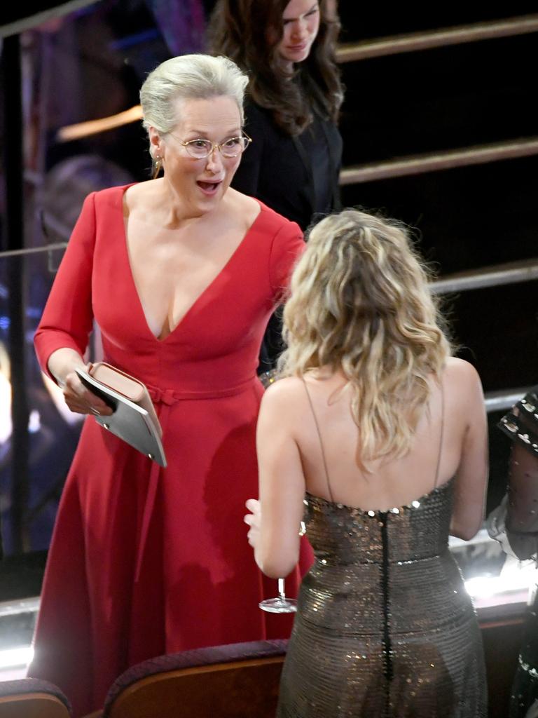 Meryl Streep and Jennifer Lawrence speak in the audience during the 90th Annual Academy Awards at the Dolby Theatre on March 4, 2018 in Hollywood, California. Picture: Getty