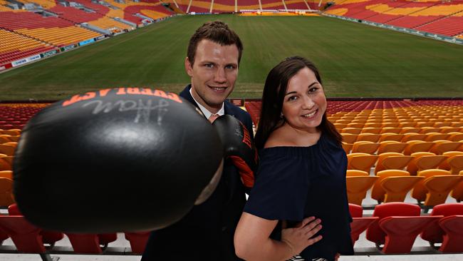 Jeff Horn and wife Jo inside Suncorp Stadium. Picture: Annette Dew