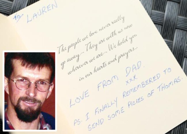 Larry Knight and the card he sent his daughter Lauren Charlton before his death at the Beaconsfield Gold Mine.