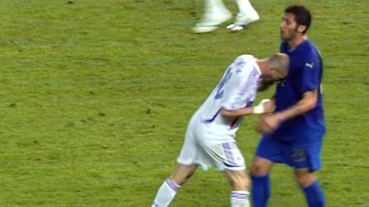 France legend Zinedine Zidane headbutts Italy’s Marco Materazzi in the 2006 World Cup Final.
