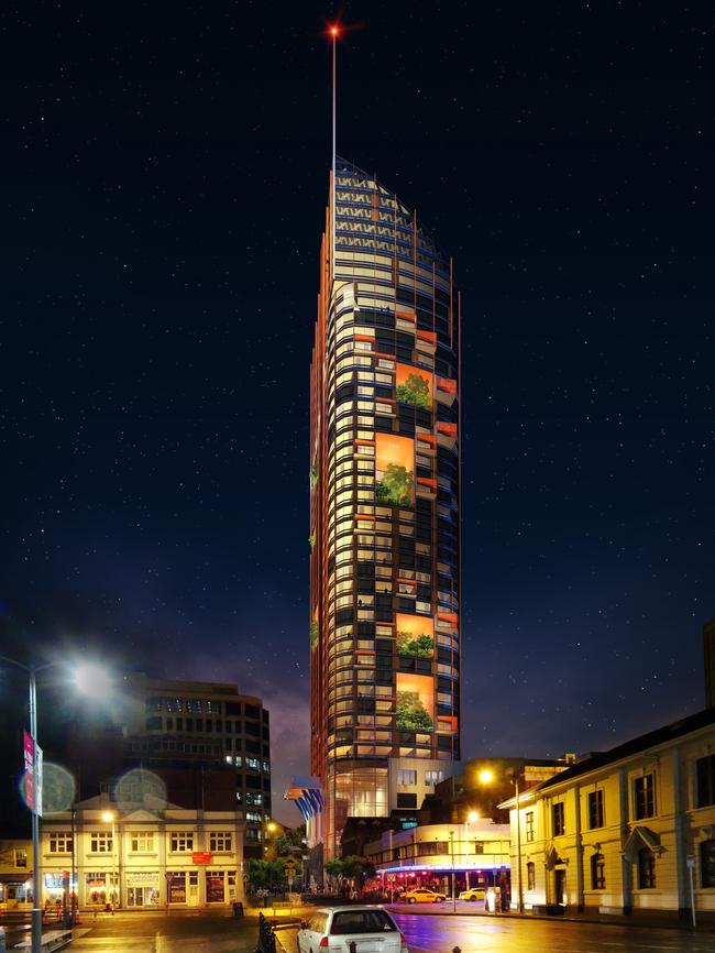 The Fragrance Group’s proposed hotel for Davey St would be 211m tall at the top of the spire. Image: X Squared Architects