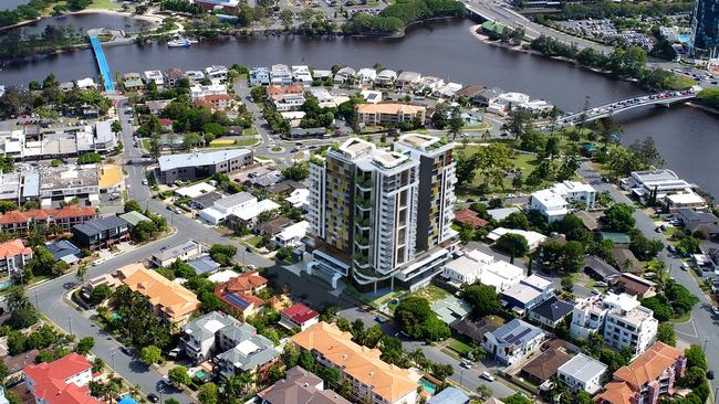 Artist impression of the Odyssey complex which is being built on the intersection of Anembo and Mawarra Street on Chevron Island. Picture: Supplied.