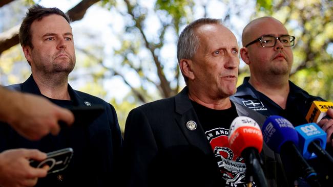 RTBU NSW President Craig Turner, centre, with secretary Toby Warnes, left, and Locomotive Divisional Secretary Farren Campbell. Picture: NewsWire / Nikki Short