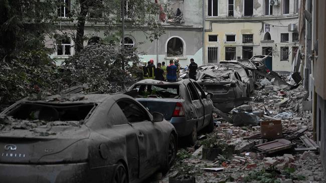 The aftermath of a Russian missile strike on an apartment block in western Lviv, which killed at least five people. Picture: AFP