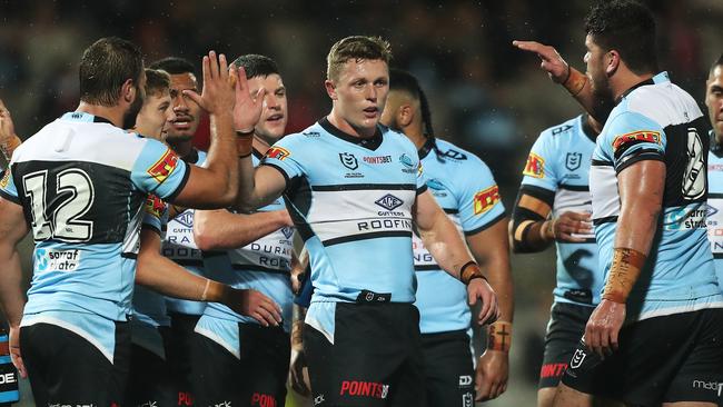 Cronulla's Jack Williams celebrates after scoring a try during the Cronulla Sharks v St George Dragons NRL match at Jubilee Oval, Kogarah. Picture: Brett Costello