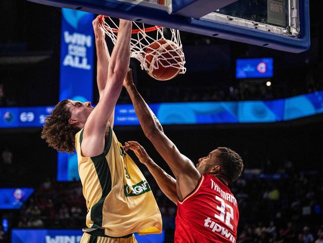 Josh Giddey went from stuffing it on people’s heads to being stuck on the bench at the end of the Boomers clash with Germany. Picture: AFP