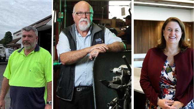 Masterol Foods manager David Liston (left) and Alvey Reels owner Bruce Alvey are among business owners appealing for a rates reprieve from Ipswich Mayor Teresa Harding.