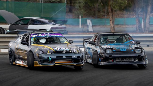 Drift car racing star Brendan Bennett (left) from Macksville in action.