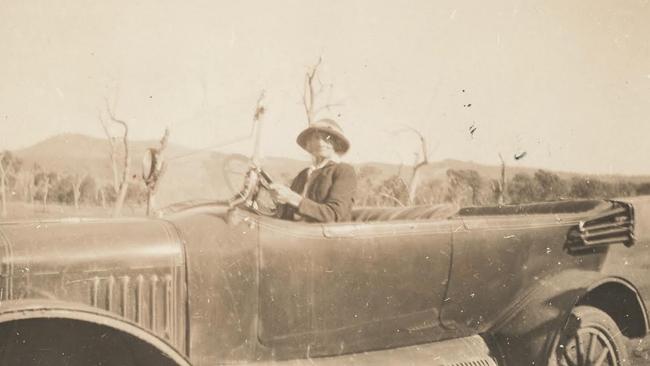Ellen Kelly, Ned's mother, in March 1923, behind the wheel of Detective Fred Piggott's car.