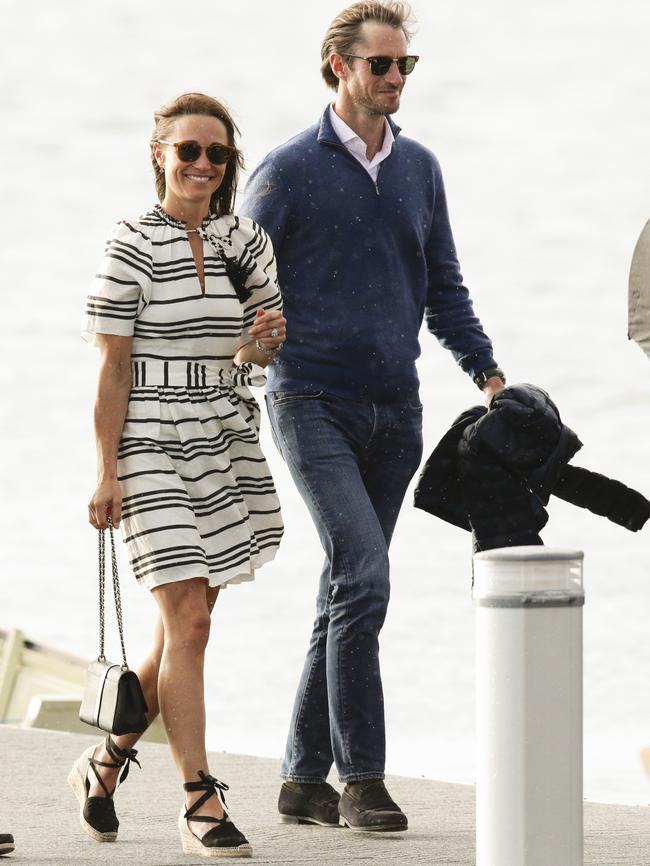 Pippa and husband James Matthews arrive at Sydney’s Rose Bay by sea plane on their honeymoon. Photo: Justin Lloyd