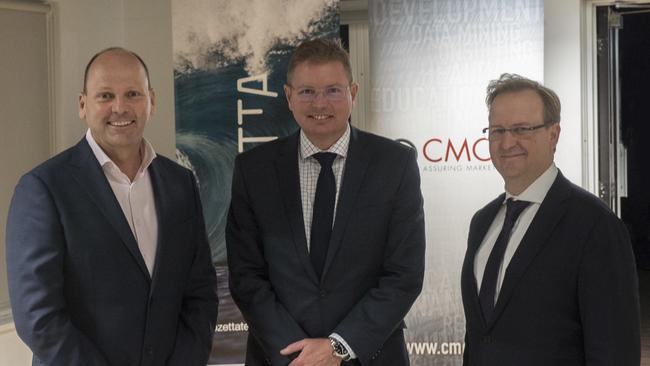 From left, SIRCA CEO David Sharp, federal Workplace and Deregulation Minister Craig Laundy, and acting Group CEO of CMCRC David Wright.