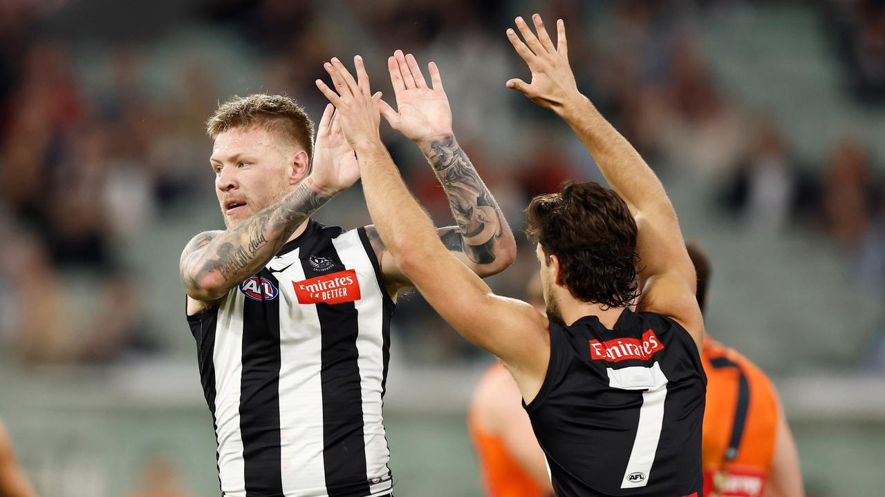 Jordan De Goey celebrates a goal. Picture: Michael Willson/AFL Photos via Getty Images