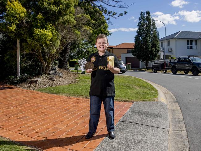 Linton Hartley, 10 at his Broadbeach Waters home. Other locals are encouraged to honour all the men and women who have participated in wars, conflicts and peacekeeping operations around the world. Picture: Jerad Williams