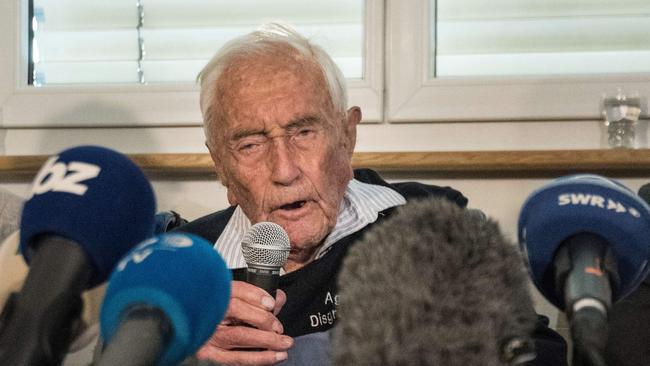 Australian scientist David Goodall, 104, at a press conference on the eve of his assisted suicide in Switzerland in May. Picture: AFP/Sebastien Bozon