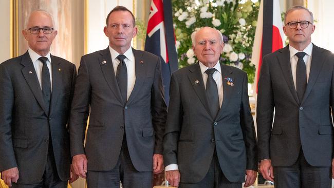 Former Australian Prime Ministers from left; Malcolm Turnbull, Tony Abbott, John Howard and current Prime Minister Anthony Albanese. Picture: PMO via NCA NewsWire