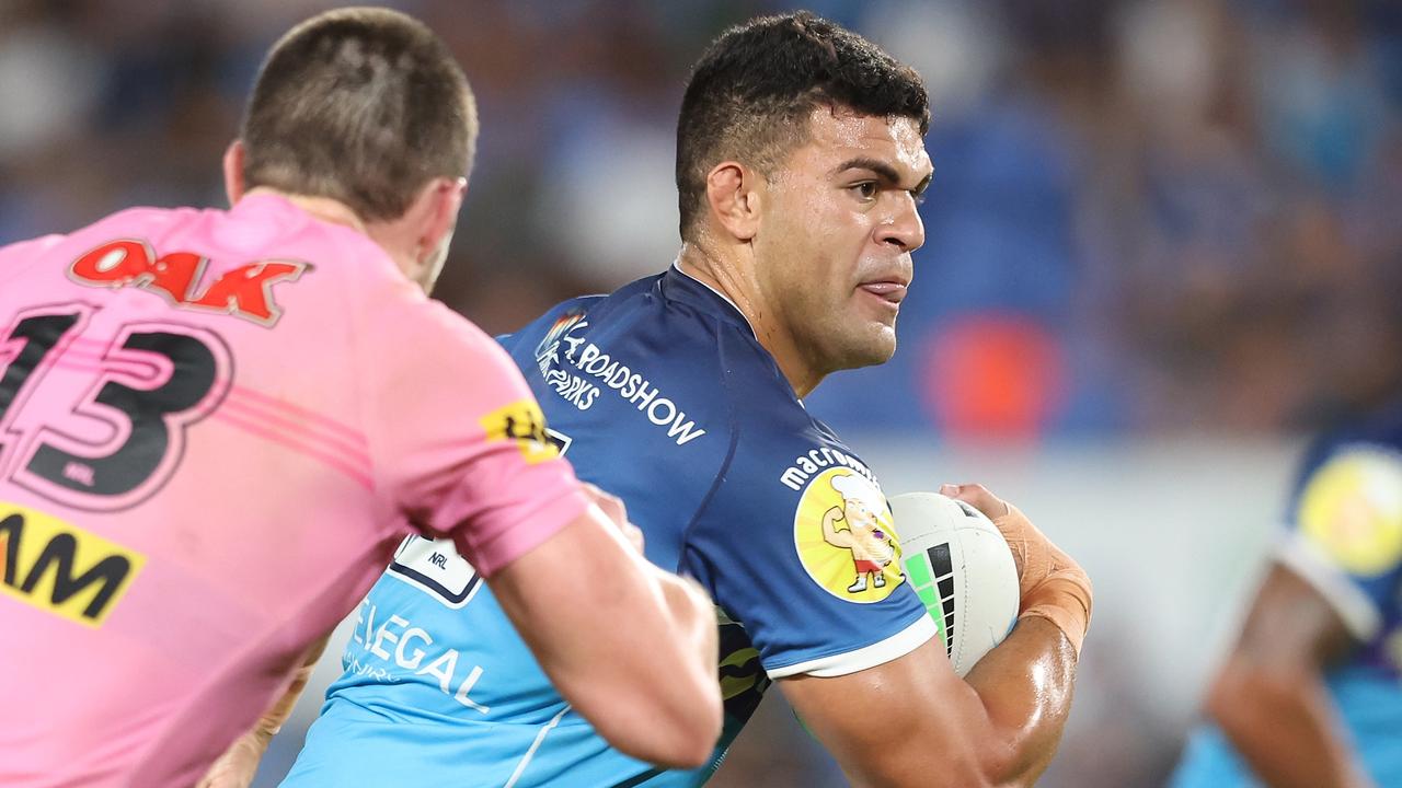 Tolutau Koula of the Sea Eagles stops Te Maire Martin of the Broncos  News Photo - Getty Images