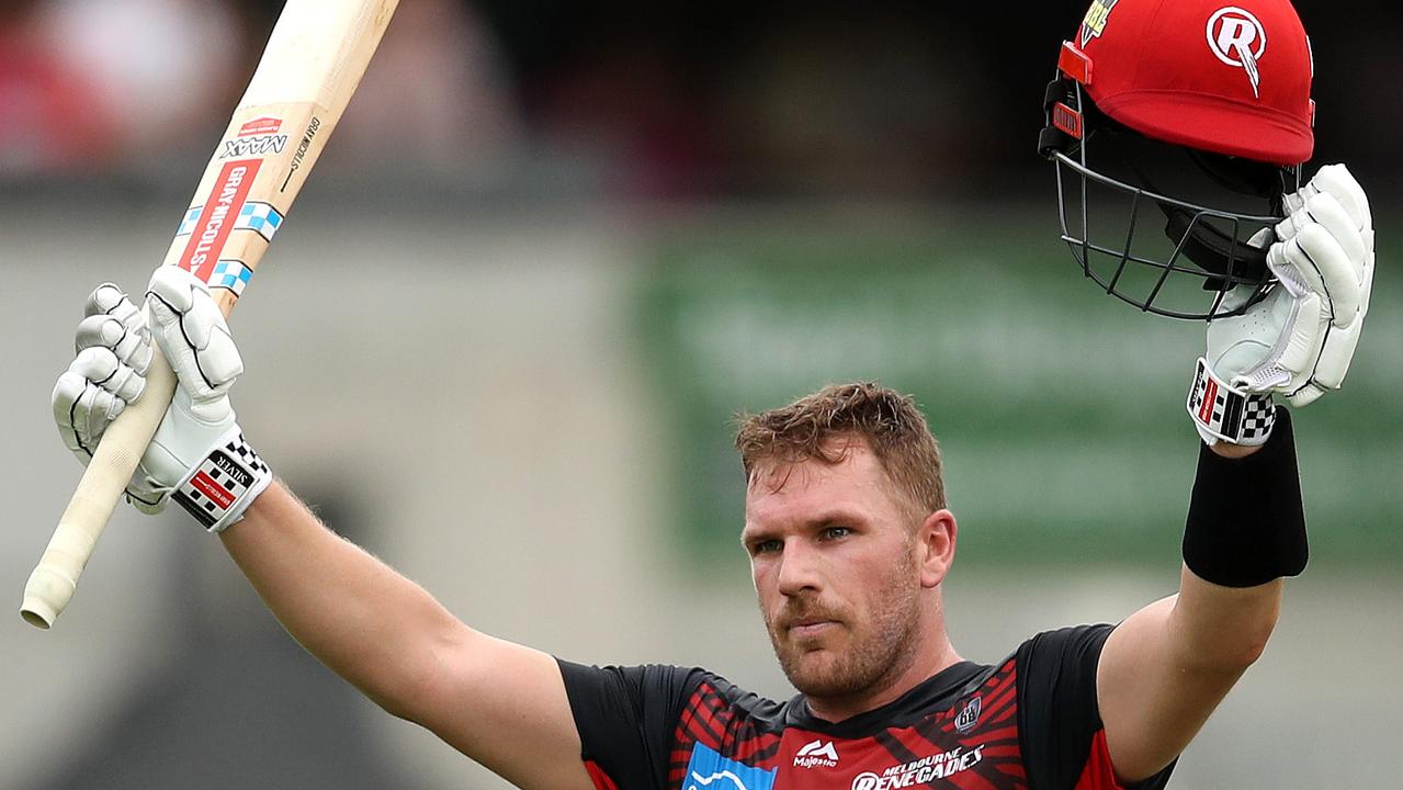 Aaron Finch celebrates his hundred for Melbourne Renegades which was crucial to Tom Aitken’s success. Picture: Phil Hillyard.