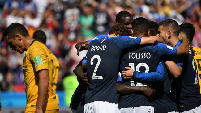 France celebrate their first goal against Australia during their FIFA World Cup group match at Kazan Arena during the FIFA 2018 World Cup in Kazan, Russia, Saturday, June 16, 2018. (AAP Image/Dean Lewins) NO ARCHIVING