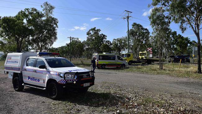 A four-wheel-drive towing a trailer had its front end smashed after it collided with a freight train pulling 28 carriages near Alligator Creek Road. PICTURE: MATT TAYLOR.