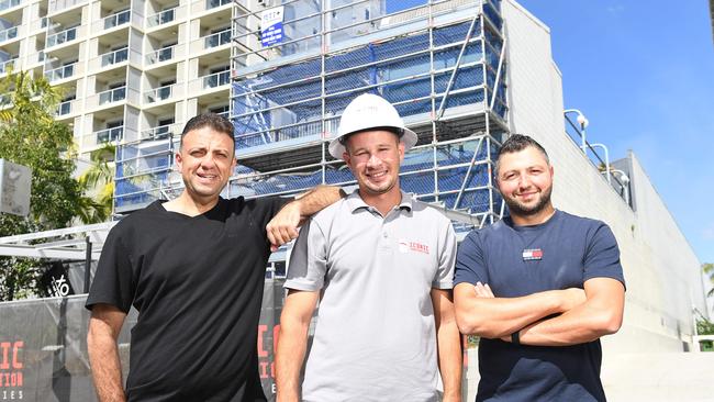 George Daoud (Developer _ Urbancom), Jared Francis (Iconic constructions) and Nick Nasr (Levanti) outside the premises of their new venture, which will include a Mediterranean restaurant, hotel and rooftop bar. Picture: Shae Beplate.