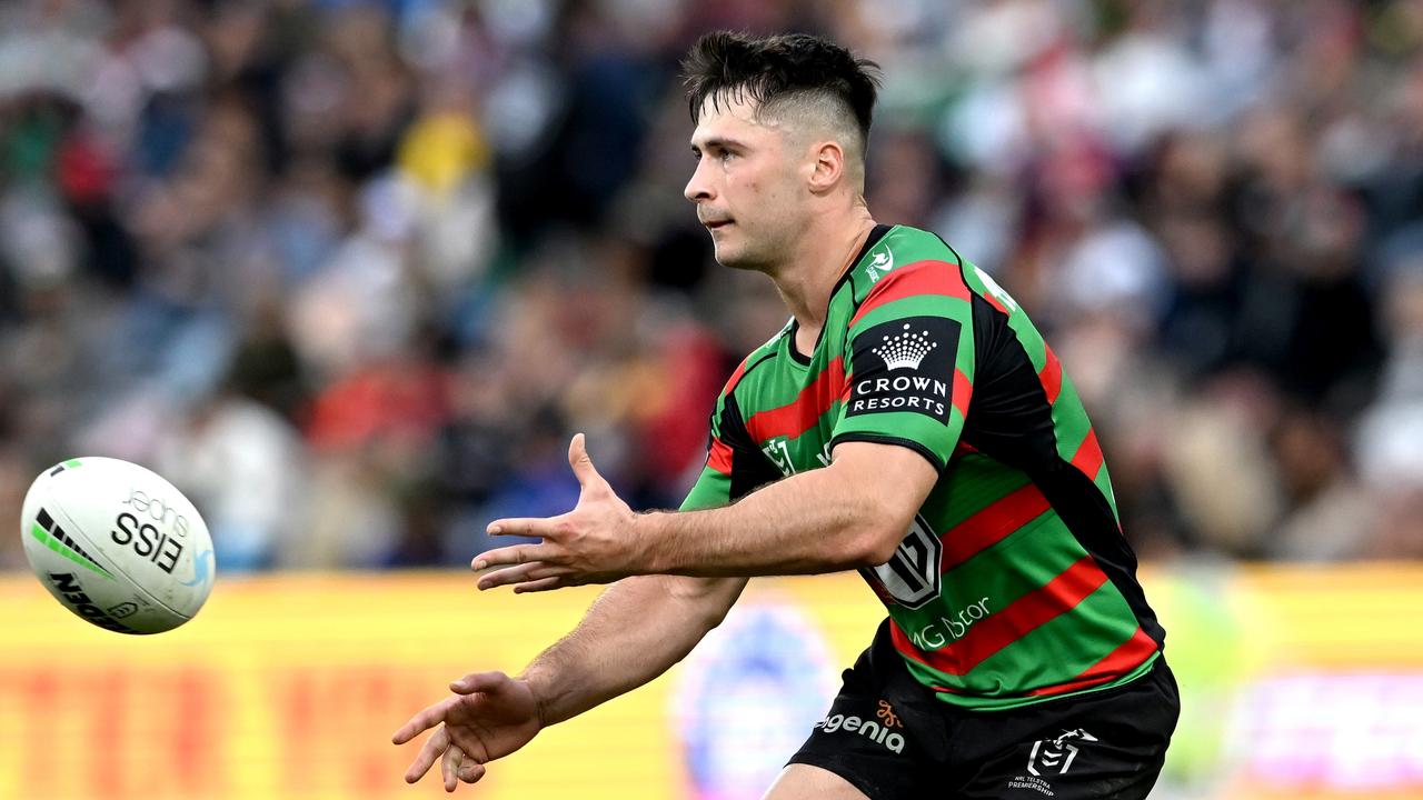 Lachlan Ilias is finally feeling comfortable in the No.7 jumper at the Rabbitohs. Picture: Bradley Kanaris/Getty Images