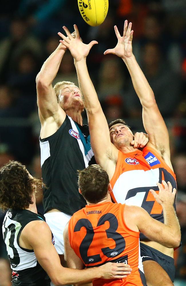Jonathan Patton contests a mark  against the Power on Saturday. Picture: Getty Images