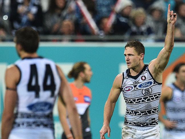 Joel Selwood celebrates his goal in the final term at Simonds Stadium. AAP Image/Julian Smith.