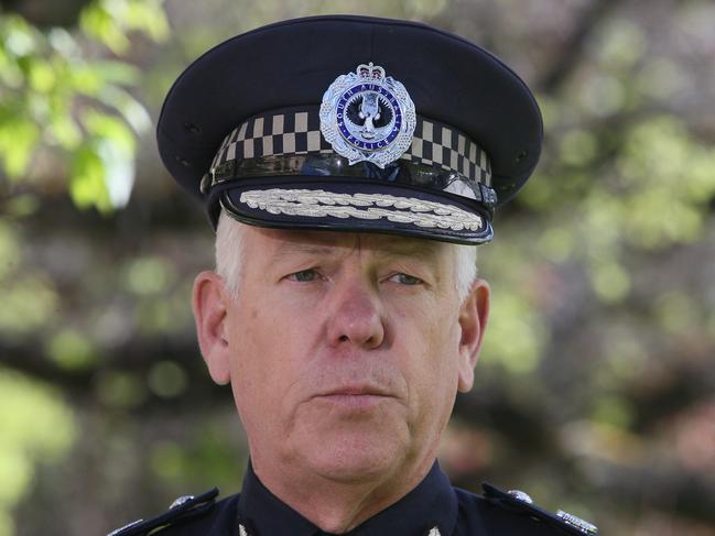 ADELAIDE, AUSTRALIA - NewsWire Photos OCTOBER 7, 2022: Commissioner of the South Australian Police Grant Stevens talks to media at a press conference outside the Sir Samuel Way Building after the sentencing of convicted NCA bomber Domenic Perre. Picture NCA NewsWire / Emma Brasier