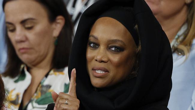 Tyra Banks wore a distinctive black hoodie to the tennis on Thursday night. Picture: Michael Klein