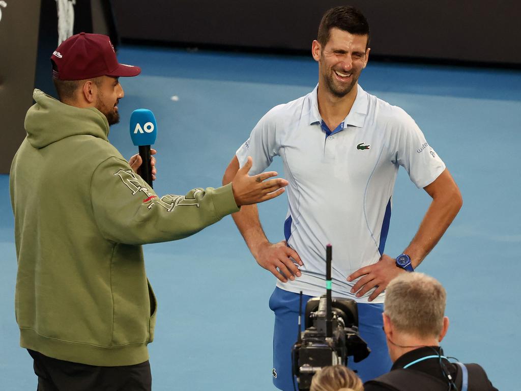 Nick Kyrgios, pictured interviewing Novak Djokovic at the Australian Open, has turned numerous foes into friends and allies. Picture: AFP