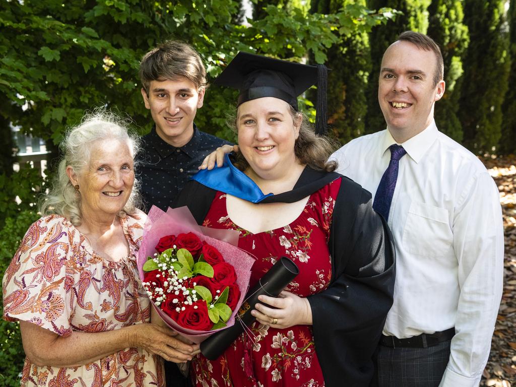 Bachelor of Nursing graduate Erin Cox with mum Karen Antuar, son Adham White and husband Ben Cox at the UniSQ graduation ceremony at Empire Theatres, Wednesday, December 14, 2022.