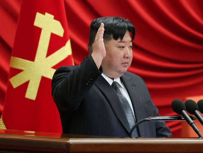 North Korean leader Kim Jong-un speaking during the Eleventh Plenary Meeting of Eighth Central Committee in Pyongyang. Picture: KCNA VIA KNS / AFP / South Korea OUT