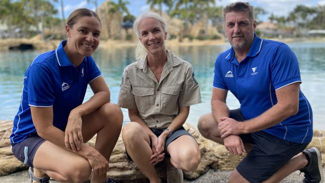 Dr Claire Madden, Natalie Sands and Wayne Phillips at Sea World following the rescue, rehabilitation and release of a young dolphin off the coast of Moreton Bay. Picture: Ashleigh Jansen