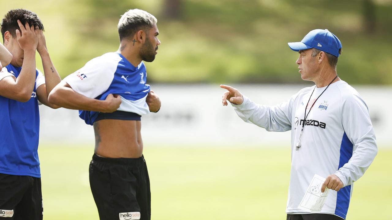 Kangaroos head coach Alastair Clarkson instructs Tarryn Thomas.