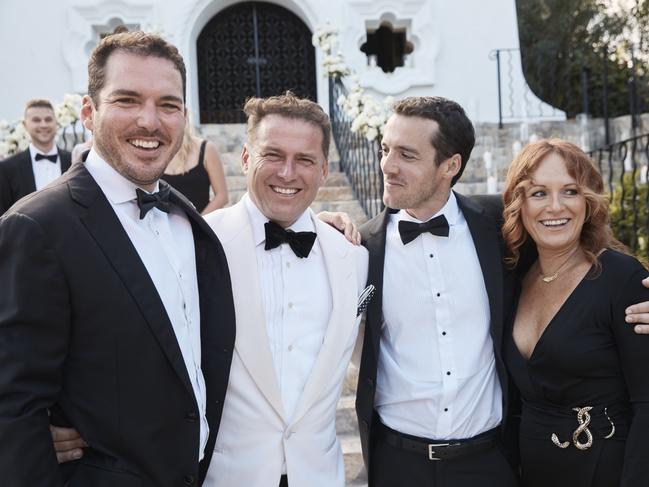 Peter Stefanovic, Karl Stefanovic, Tom Stefanovic and Elise Pointon at the wedding. Picture: Supplied