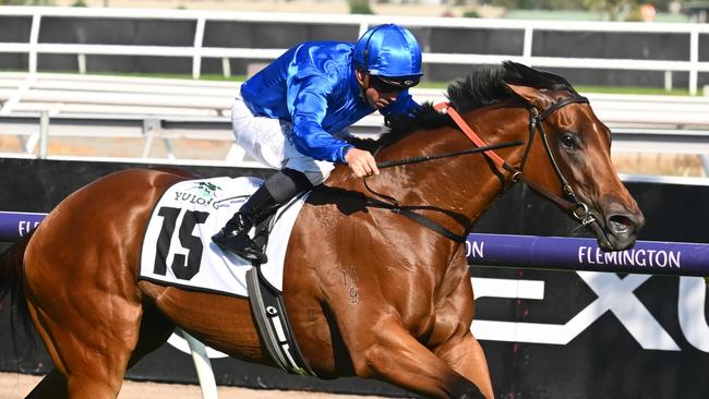 MELBOURNE, AUSTRALIA - MARCH 11: Dean Holland riding In Secret defeats Lofty Strike and I Wish I Win in Race 7, the Yulong Stud Newmarket Handicap,  during Melbourne Racing at Flemington Racecourse on March 11, 2023 in Melbourne, Australia. (Photo by Vince Caligiuri/Getty Images)