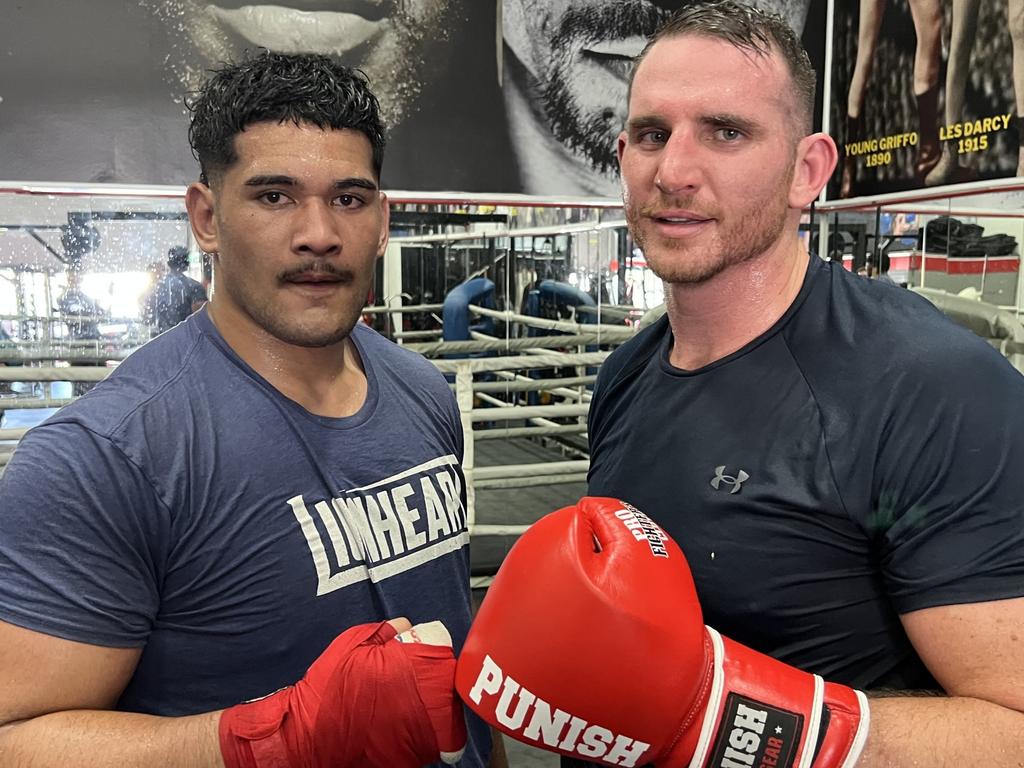 Former NRL Titan Alex Leapai Jr and top Australian heavyweight boxer Demsey McKean after sparring together at Fite Klub in Burleigh on the Gold Coast, October 29, 2024. Picture: Supplied.