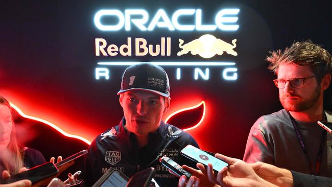 Max Verstappen speaks to the media after the opening ceremony for the Las Vegas Grand Prix. Picture: AFP