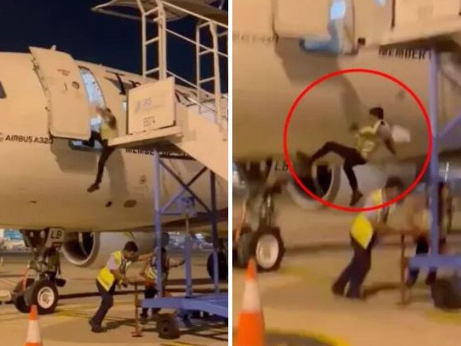 Shock moment airline worker falls out of plane. Picutre: Jam Press Vid
