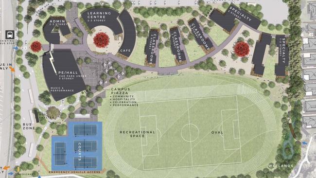 The masterplan for a new Catholic co-ed high school at Fitzgibbon. Image: DTS Group Qld Pty Ltd report