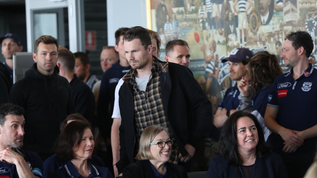 Teammate Patrick Dangerfield at Selwood’s retirement announcement. Picture: Alan Barber